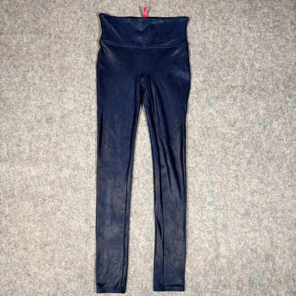 Spanx Faux Leather Leggings Womens S Navy Blue High Waist Coated Metallic Coated